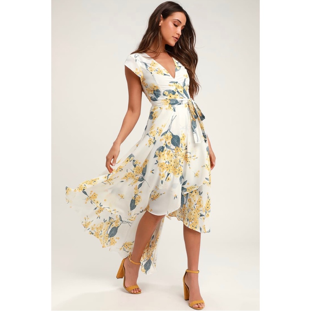 Lulu’s French Countryside White and Yellow Floral Print High-Low Dress